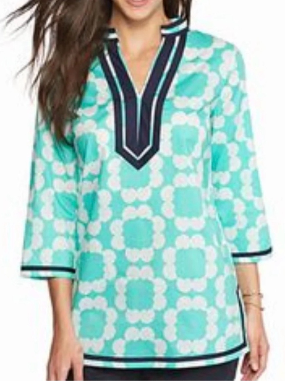Crown & Ivy Beach Shell Print Coastal Beach Peasant Turquoise Tunic Blouse Sz XL